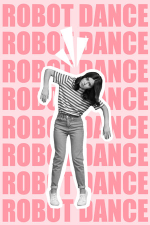 Creative photo 3d collage artwork poster picture of upset lady dancing dancing like wednesday addams isolated on painting backgroundの写真素材