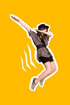 Creative photo collage of young dancing stay tiptoe teen youngster woman wear hat dab symbol hip hop wear leopard skirt isolated on yellow backgroundの写真素材