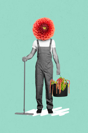 Composite collage photo of young headless worker housecleener gardener man hold swabber with bucket flowers isolated on blue color backgroundの写真素材