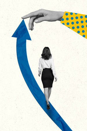 Creative photo 3d collage artwork poster of successful woman person go up career growth isolated on painting backgroundの写真素材