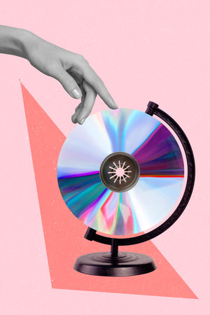 Artwork magazine collage picture of arm touching retro vintage cd disk instead of planet globe isolated drawing backgroundの写真素材