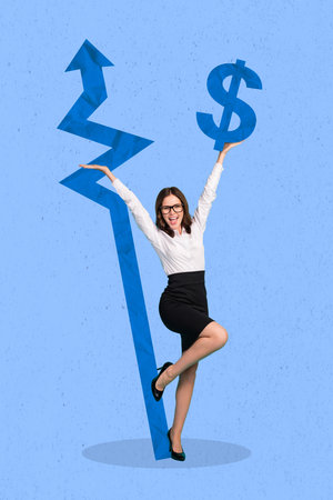 Creative photo 3d collage artwork poster picture of happy lady rejoice work progress development isolated on painting backgroundの写真素材
