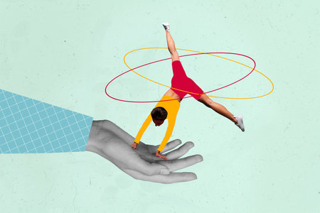 Collage 3d image of pinup pop retro sketch of arm holding mini lady walking arms isolated painting backgroundの写真素材