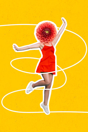 Collage 3d image of pinup pop retro sketch of carefree lady red flower instead of head isolated painting backgroundの写真素材