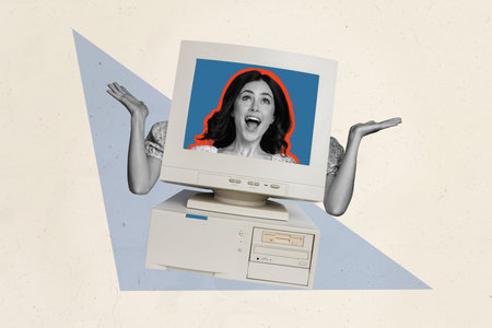 Creative collage image of astonished black white girl inside pc monitor isolated on drawing backgroundの写真素材