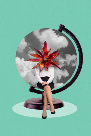 Creative photo 3d collage artwork poster of young woman flowers instead head dream people care save planet isolated on painting backgroundの写真素材