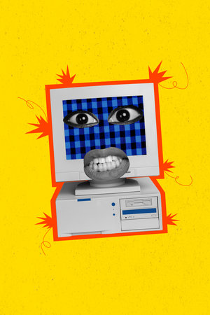 Vertical collage picture of vintage computer screen display eyes angry grinning teeth isolated on...