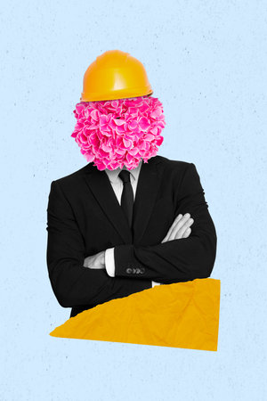 Artwork magazine collage picture of confident garden architect arms crossed flower instead of face isolated drawing backgroundの写真素材