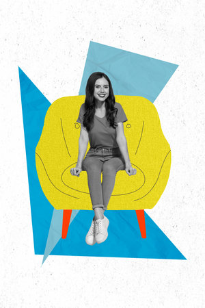 Creative advertisement photo collage of young positive psychotherapist woman sitting cozy home decor yellow armchair isolated on drawing backgroundの写真素材