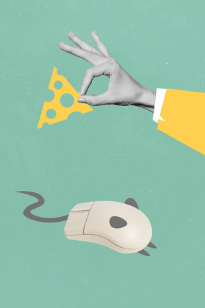 Artwork magazine collage picture of arm catching cheese vintage computer mouse isolated drawing...