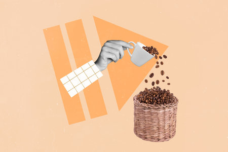 Creative photo 3d collage artwork poster picture of human arm hold coffee beans preparing tasty drink isolated on painting backgroundの写真素材
