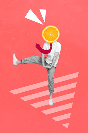 Photo artwork minimal collage picture happy funny guy dancing orange instead head isolated drawing backgroundの写真素材