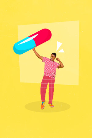 Composite collage photo of young rejoice positive guy wear red painted outfit hold huge blue pink pill treatment isolated on yellow color backgroundの写真素材