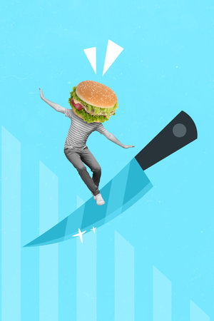 Composite collage artwork of young headless creative hungry guy walk danger knife blade fresh hamburger fast food isolated on blue color backgroundの写真素材