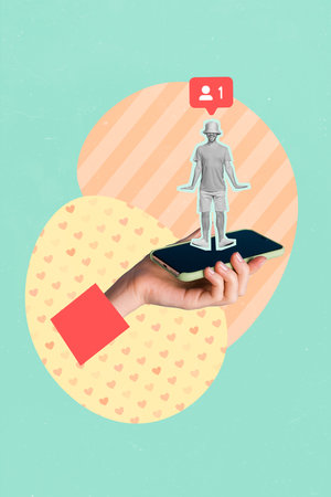 Collage 3d image of pinup pop retro sketch of arm holding guy getting likes isolated painting backgroundの写真素材