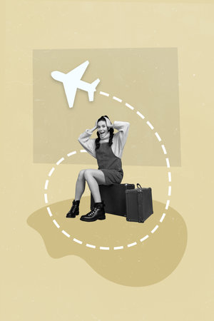 Creative photo 3d collage artwork poster postcard of funky crazy girl waiting registration flight abroad isolated on painting backgroundの写真素材