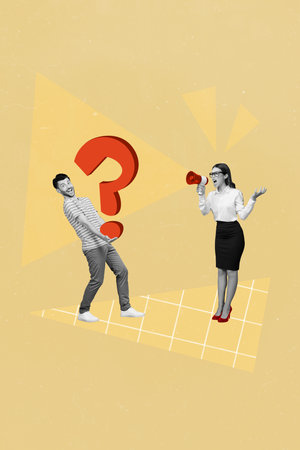 3d retro abstract creative collage artwork template of bossy lady screaming bullhorn questioned guy isolated painting backgroundの写真素材