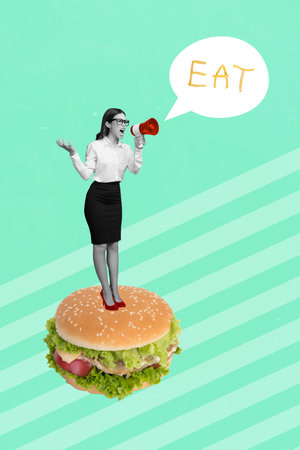 Creative abstract collage template graphics image of angry lady screaming eat standing junk food isolated drawing backgroundの写真素材