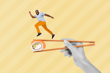 Collage 3d image of pinup pop retro sketch of excited guy running chopsticks holding sushi isolated painting backgroundの写真素材