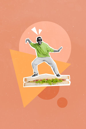 Vertical collage photo of young cool fly tasty healthy sandwich guy wear sunglasses enjoy food with lettuce cheese ham isolated on painted backgroundの写真素材