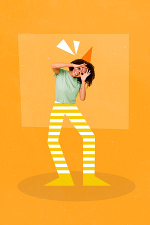 Vertical collage picture of excited satisfied girl arms fingers make glasses binoculars eyes painted legs cone hat isolated on yellow backgroundの写真素材