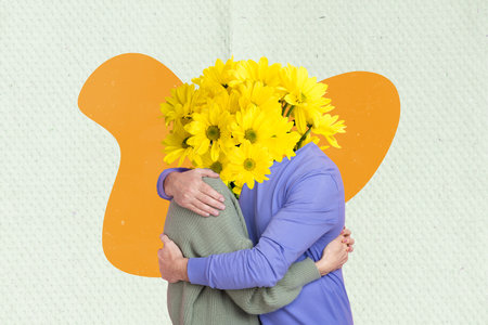 Creative photo 3d collage artwork poster postcard of two happy people hugging enjoy each other isolated on painting backgroundの写真素材