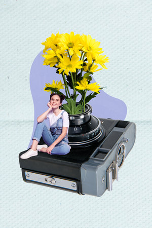 Creative photo 3d collage artwork poster postcard picture of pretty girl sitting camera near yellow daisy isolated on painting backgroundの写真素材