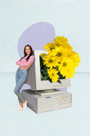 Creative photo 3d collage artwork poster postcard of beautiful girl blogger receive gifts from...