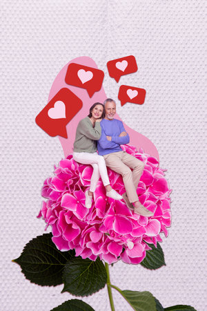 Creative photo 3d collage artwork poster postcard of two retired people family celebrate anniversary isolated on painting backgroundの写真素材