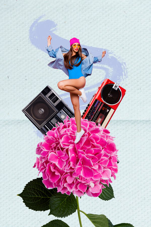 Creative photo 3d collage artwork poster postcard of crazy girl dancing big flower listening nice...