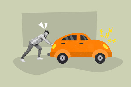 Creative photo 3d collage artwork poster postcard of young guy push car to charge station isolated on painting backgroundの写真素材