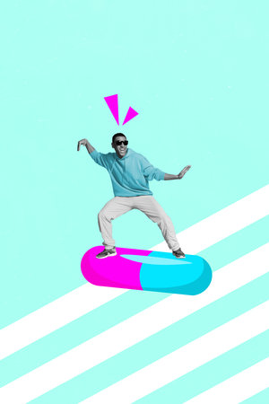 Creative photo 3d collage artwork poster picture of sporty funky crazy man moving flying on big pill isolated on painting backgroundの写真素材