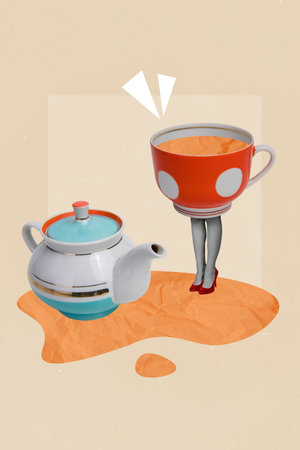 Vertical collage illustration of tea pot cup black white colors legs spit puddle isolated on backgroundの写真素材
