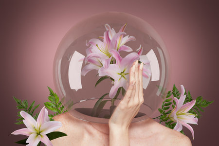 Creative banner collage of bizarre lady with glass dome head protect care garden lily ecology nature conceptの写真素材