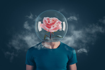 Template banner collage of weird human with glass dome rose stand over grey mystical mist backgroundの写真素材