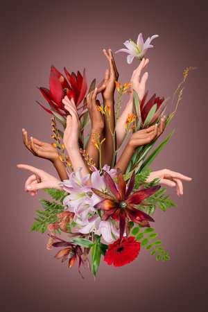 Creative beauty mysterious collage of flower floral bunch with flowers human female hands advertise fresh balm lotionの写真素材