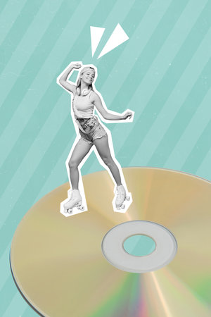 3d retro abstract creative collage artwork template of happy smiling lady rising rollers retro disk isolated painting backgroundの写真素材