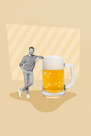 3d retro abstract creative collage artwork template of happy smiling guy enjoying big huge beer cup isolated painting backgroundの写真素材