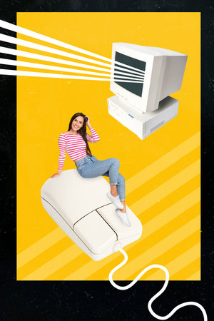 Artwork magazine collage picture of smiling happy lady siting vintage old devices isolated drawing...