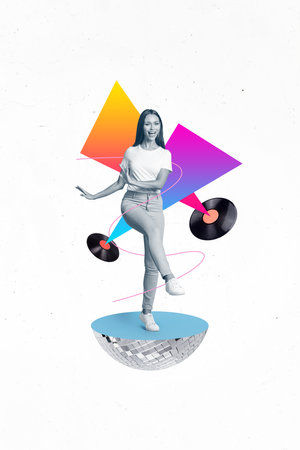 Vertical collage portrait of black white effect cheerful positive girl enjoy dancing disco ball...