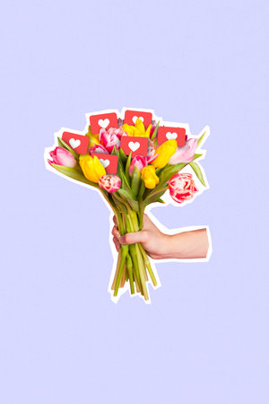Vertical collage image of arm hold bouquet tulips flowers like notification isolated on creative backgroundの写真素材