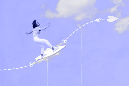 Collage photo of youngster girl flying surfing board air paper plane calculate trajectory extreme...