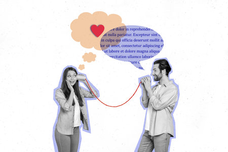 Photo collage artwork minimal picture of funny funky couple having fun 14 february playing phone isolated drawing backgroundの写真素材