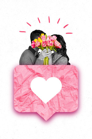 Creative photo collage of two lovely people couple kissing hiding fresh tulips bouquet pink paper love notification isolated on beige backgroundの写真素材