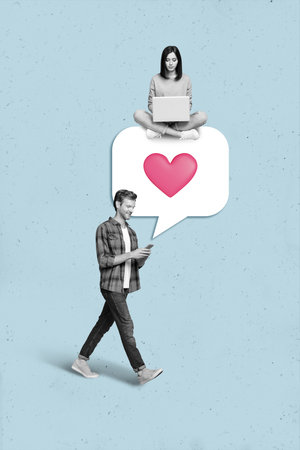 Creative retro 3d magazine collage image of charming couple writing sms twitter telegram facebook...