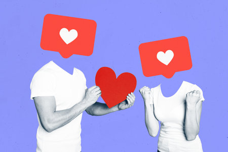 Composite collage photo of two people new family gift valentine day red paper postcard headless feelings girl celebrate isolated on blue backgroundの写真素材