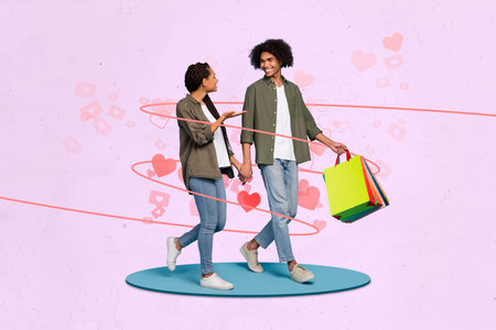 Creative collage photo of young couple people together talking about gifts for march woman day guy hold shop bags isolated on pink lovely backgroundの写真素材