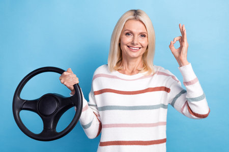 Photo of pretty adorable lady wear striped pullover showing okey driving car isolated blue color...