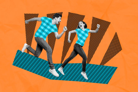 Composite collage image of two astonished active black white effect people running isolated on painted backgroundの写真素材