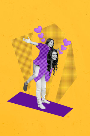 Vertical collage picture of two excited positive black white effect people piggyback rejoice drawing hearts isolated on yellow backgroundの写真素材